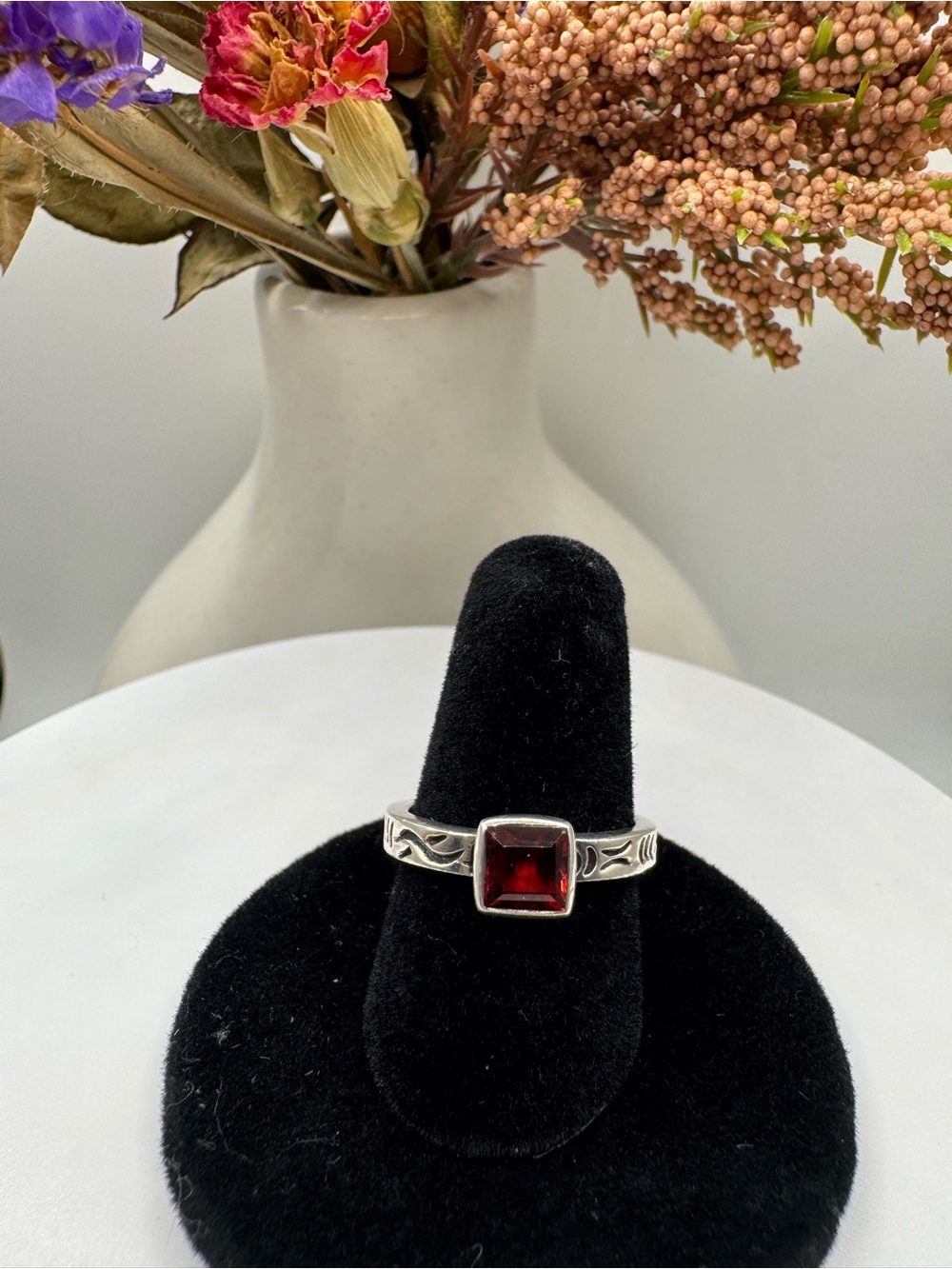 Sterling Silver Silpada Square Garnet Ring with Engraved Band (Size 7)